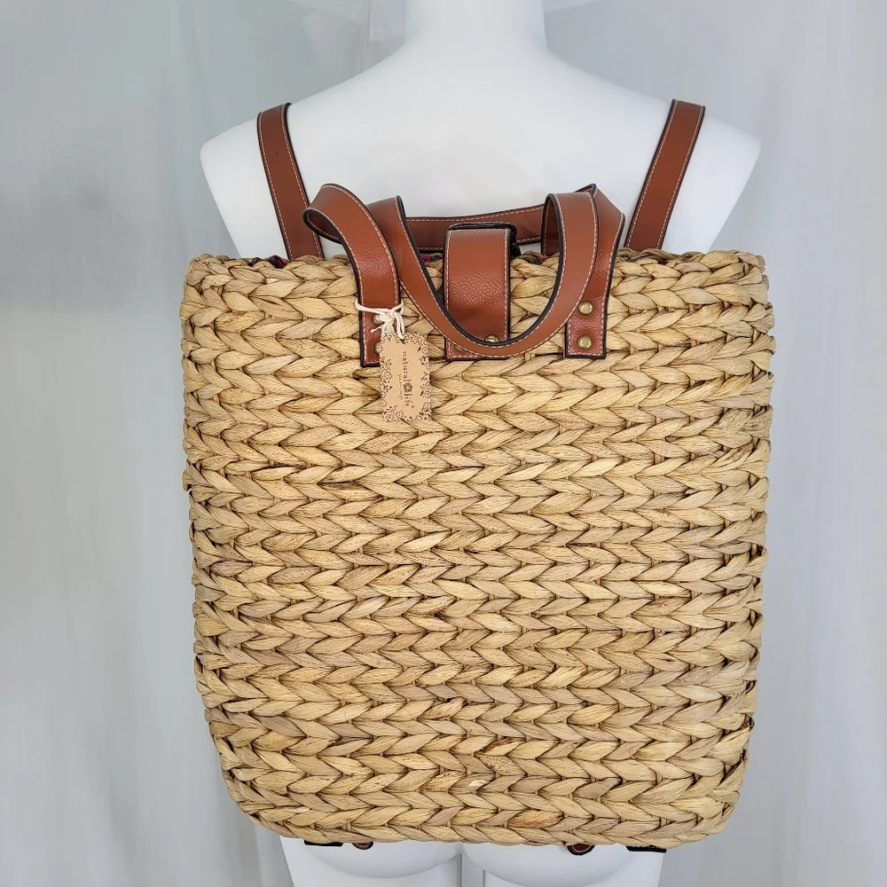 Natural Life Straw Backpack Tote BAG Floral Lined Water Hyacinth Woven Boho NWT